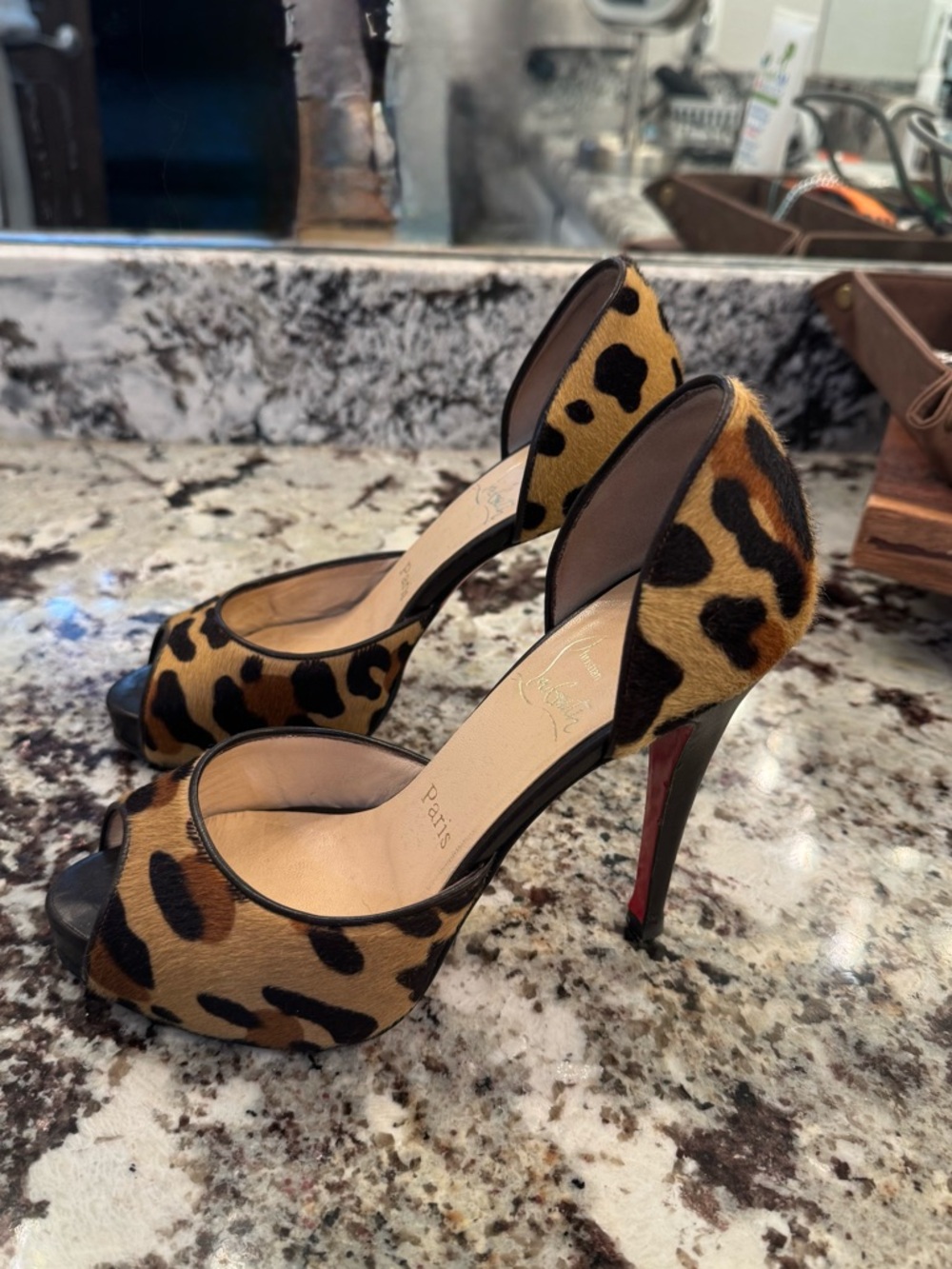 Christian Louboutin Leopard Print Peep-Toe Heels - Brown/Black